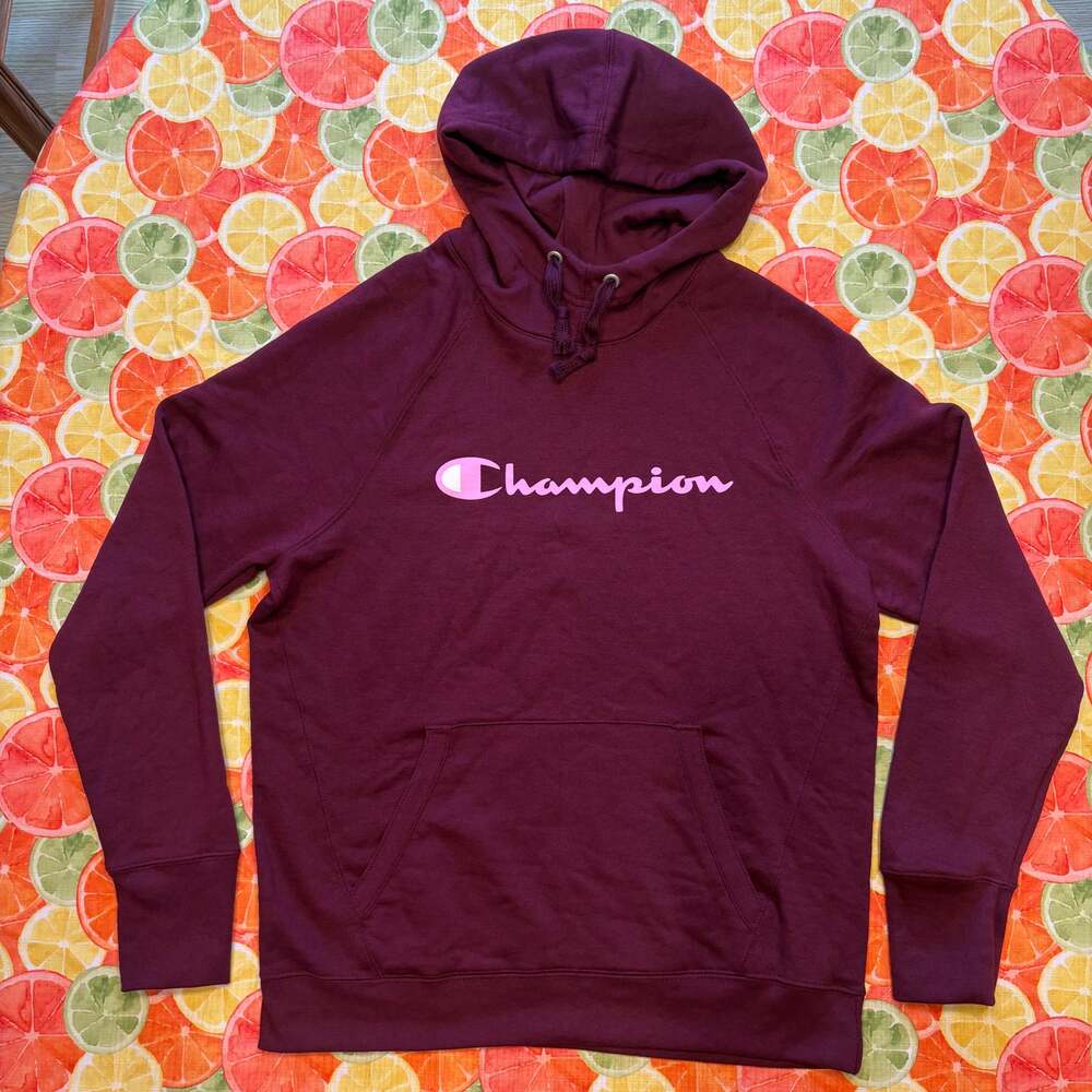 Champion Powerblend Dark Berry Pink Script Logo Fleece Pullover Hoodie NWT M